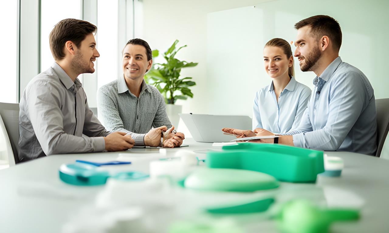 Team von Davos Haushalt GmbH in einem hellen Besprechungsraum mit Kunststoffprodukten und Mustern auf dem Tisch