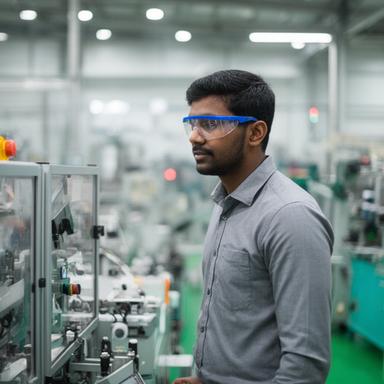 Ananthan Cusmaan in der Produktionshalle mit Schutzbrille und kontrollierten Fertigungsschritten