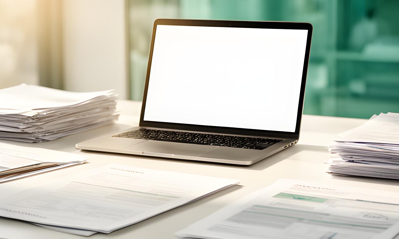 Sorgfältig organisierte Unterlagen und ein Laptop auf einem hellen Schreibtisch in Zürich