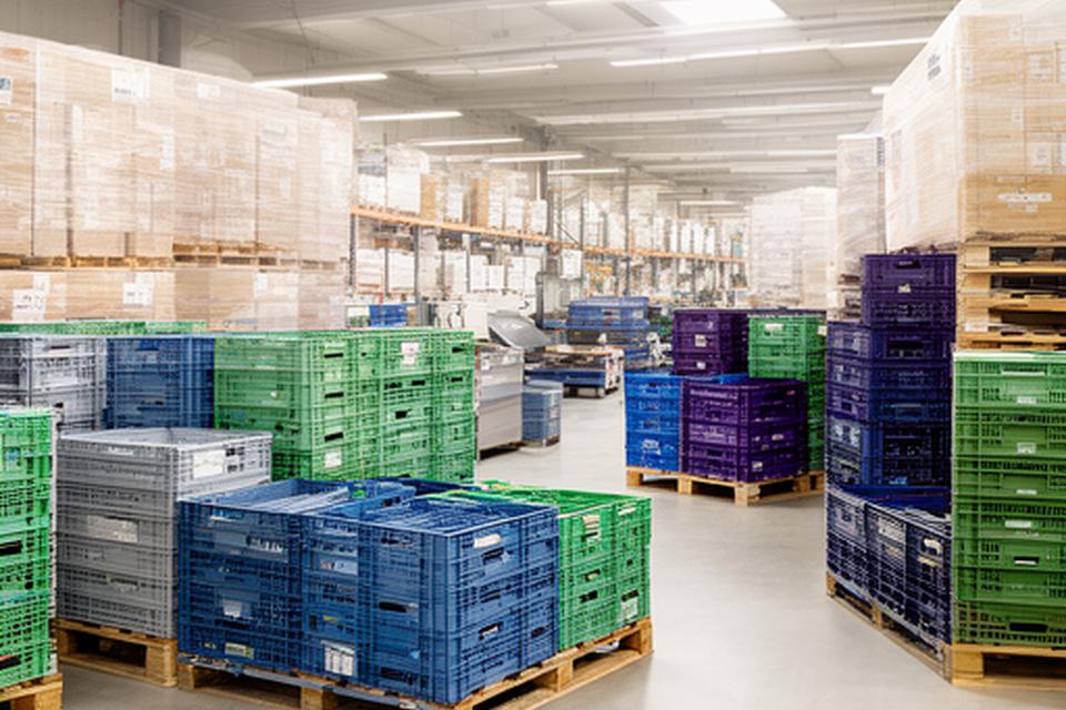 Geordnetes Lager mit Kunststoffboxen und Paletten für Versand und Distribution in Zürich