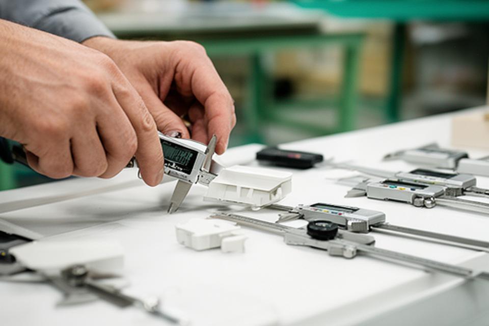 Fachperson misst Kunststoffteile an einem Prüftisch mit Messwerkzeugen in heller Werkstatt