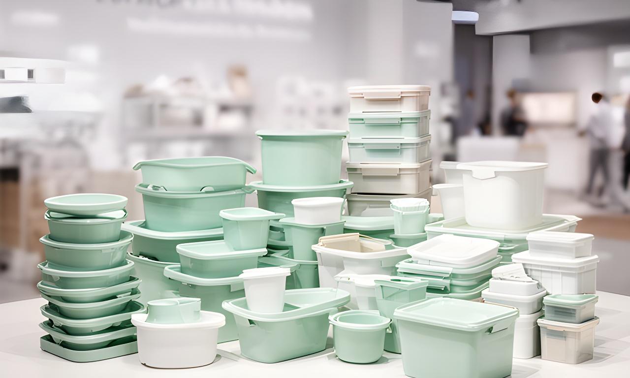 Breite Produktinszenierung mit Kunststoff-Haushaltswaren in einer hellen Zürcher Ausstellung