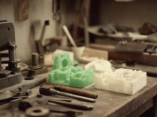 Historisches Archivfoto einer kleinen Werkstatt mit ersten Kunststoffformen und handgezeichneten Plänen