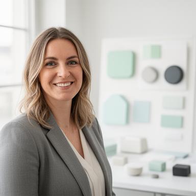 Morrigan Dormann im hellen Besprechungsraum neben Produktsamples und Materialmustern