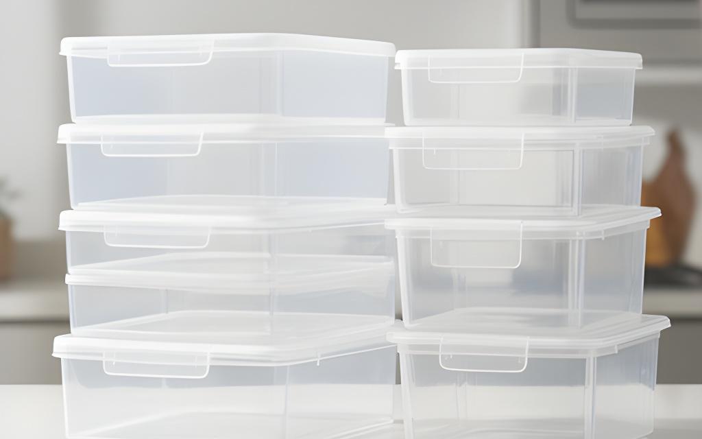 Gestapelte Aufbewahrungsboxen für Küche und Vorratsraum in einem hellen, aufgeräumten Zuhause