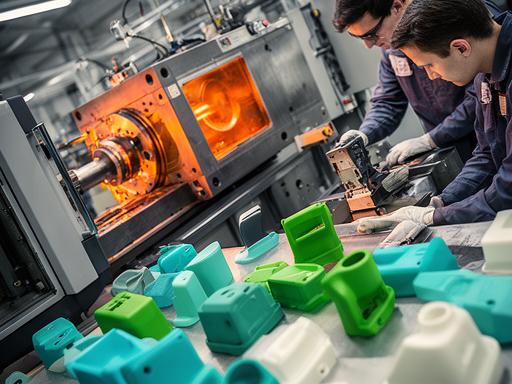Technikerin prüft Spritzgusswerkzeuge neben einer Maschine mit frisch gefertigten Kunststoffteilen